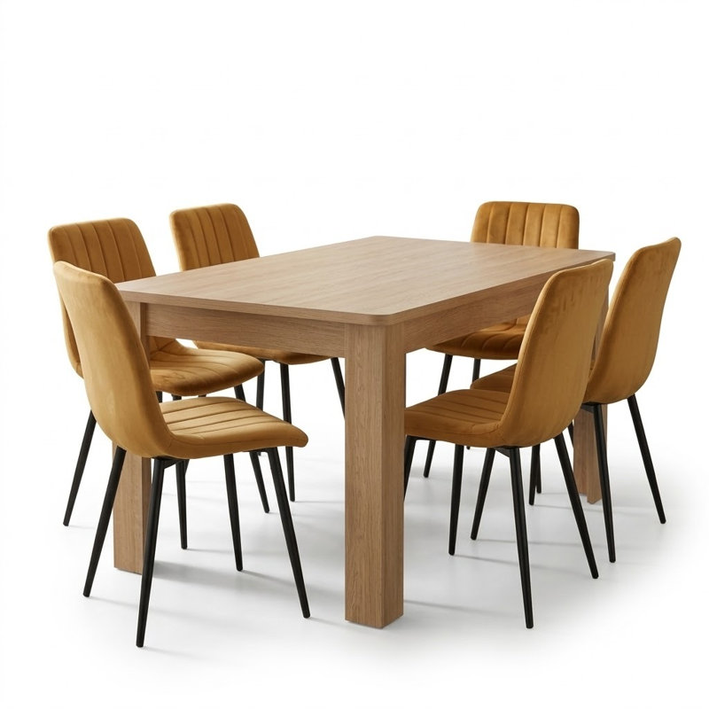 Modern Dining Set with Oak Effect Table and 6 Brown Velvet Chairs 6 Seater Dining Room Furniture