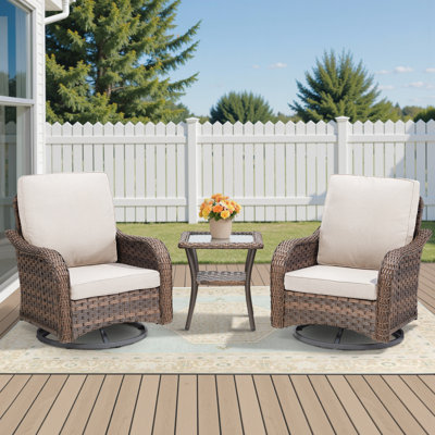 Ensemble de meubles d'extérieur 3 pièces, chaise berçante pivotante pour l'extérieur, ensemble bistro de patio en osier avec tablette latérale pour terrasse, beige