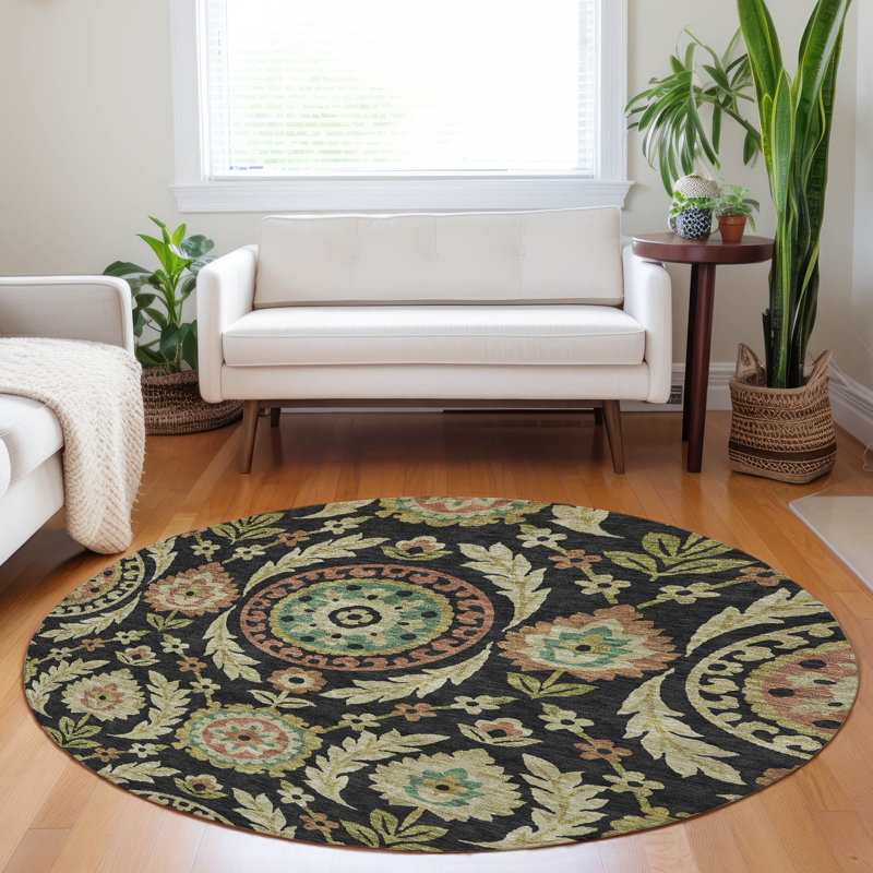 Premium Machine Washable Prisco Black Rug, Round 8'