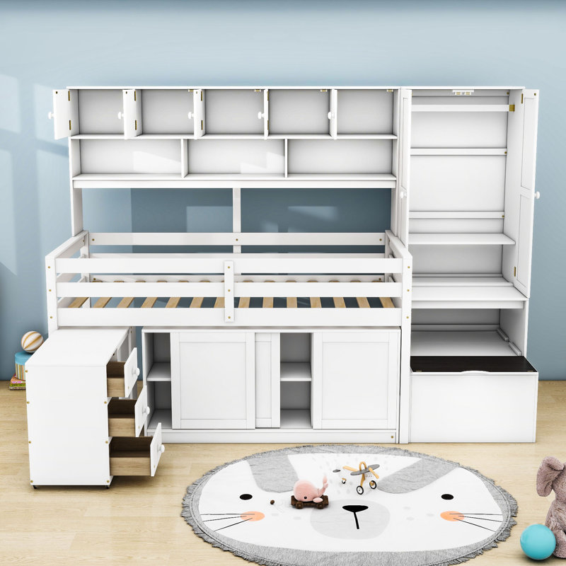 Lit mezzanine en bois avec bureau sous le lit, tiroirs et tablettes Karisma, Simple, Blanc