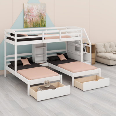 Lit superposé triple peu encombrant avec tiroirs, escalier de rangement et tablettes intégrées