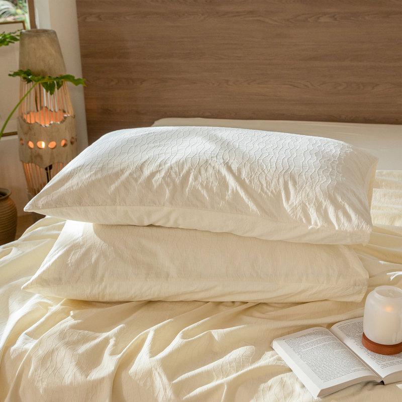 MooMee Wavy Striped Duvet Cover Set 100% Washed Cotton Linen Like Textured Breathable Lightweight, Cream White