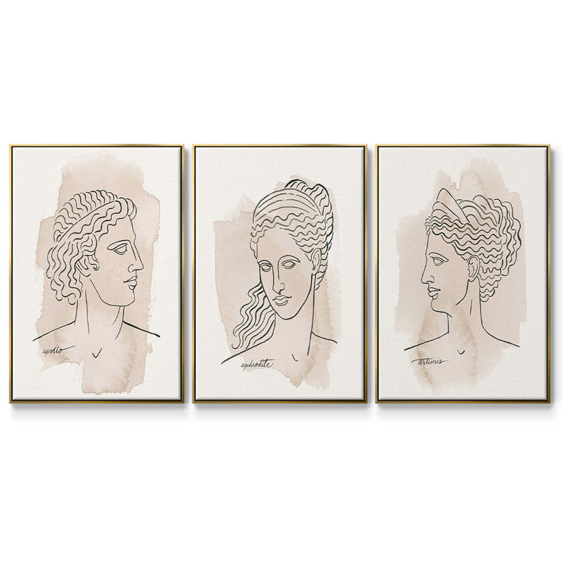 Ensemble de 3 pièces grecques IV encadrées sur toile, Encadrement doré, H 40 po x l 78 po
