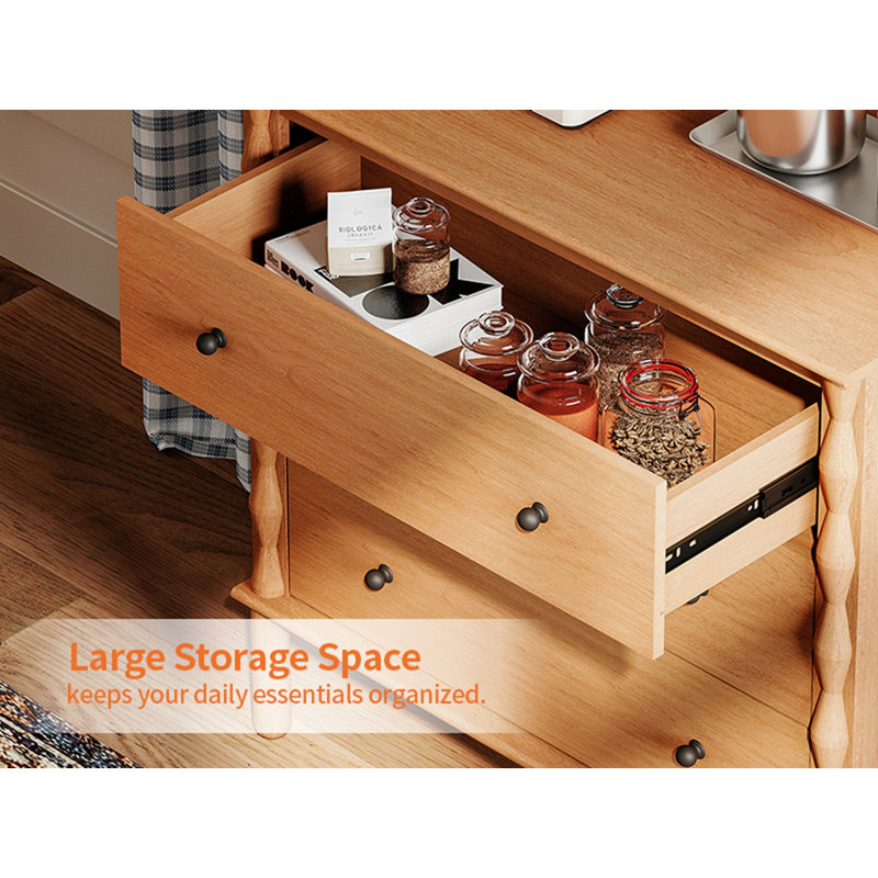 Buffet 3 tiroirs avec pieds en bois massif, noyer, Noyer