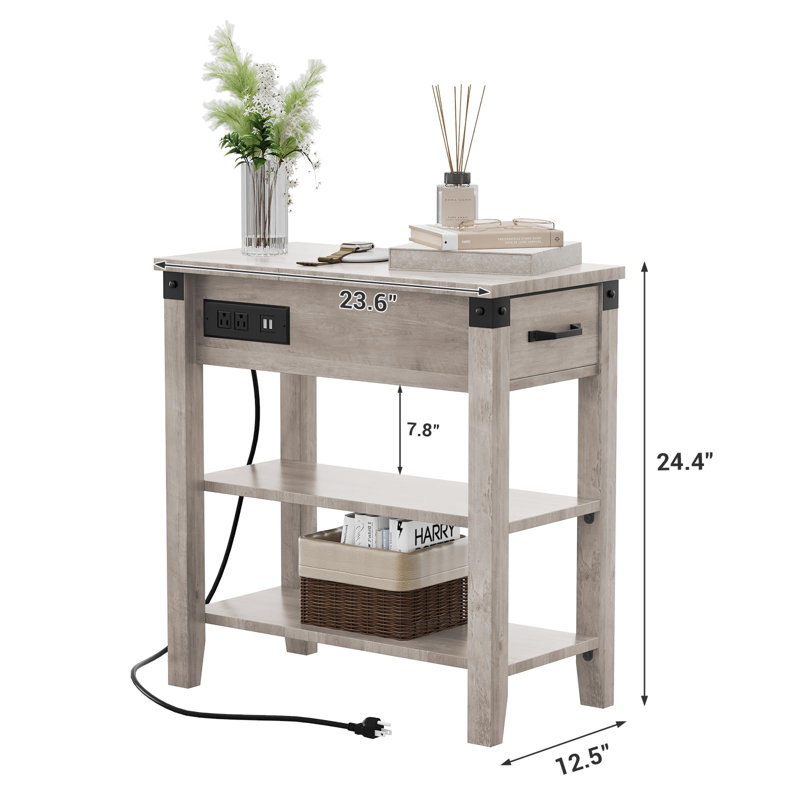 End Table With Charging Station, 3-Tier Narrow Side Table With Drawer And Storage