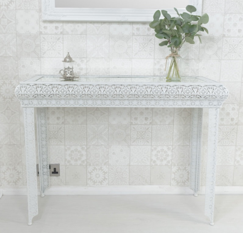 Onaga Embossed Metal & Glass Moroccan Style Console Table, White