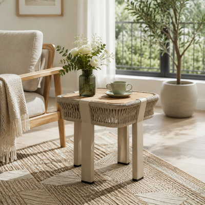 Table d'appoint carrée d'extérieur de 46 cm (18,11 po), plateau en bois d'acacia avec corde beige et structure en métal, table d'appoint rustique moderne pour patio, utilisable à l'intérieur et à l'extérieur