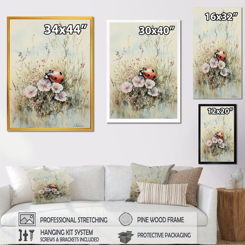 Curious Ladybug Blooms - Ladybug Wall Art, 32" H x 24" W, Floater Framed Print, Gold