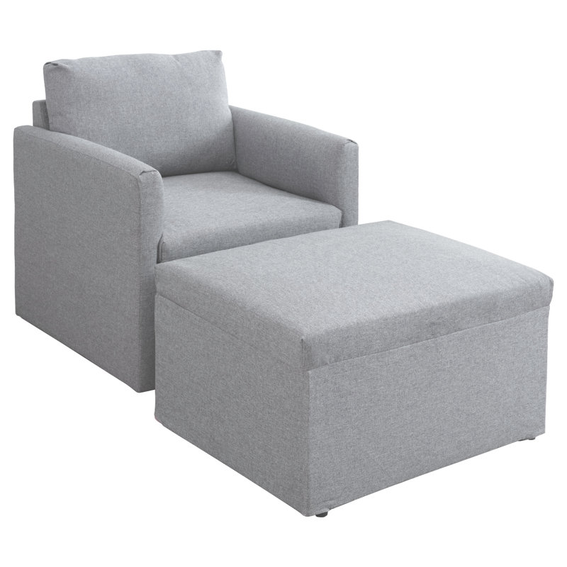 Upholstered Linen Club Chair With Footstool, Light Grey