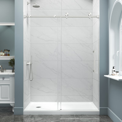 55"-60" W x 72" H Single Sliding Frameless Shower Door in Brushed Nickel with 1/4" (6mm) Clear Tempered Glass
