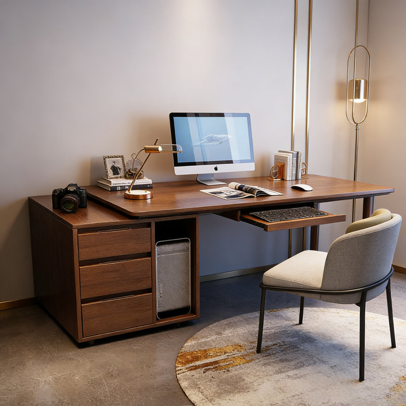 Bureau moderne en bois massif brun minimaliste, bureau à domicile extensible avec armoire latérale