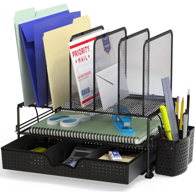 Houseware Mesh Desk Organizer With Sliding Drawer, Double Tray And 5 Upright Sections, Black