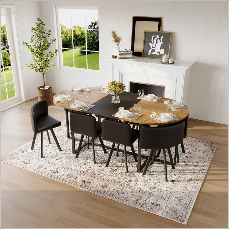 Ensemble de table de salle à manger 9 pièces avec plateau en grain de bois bicolore et 8 chaises en similicuir noir, Noir