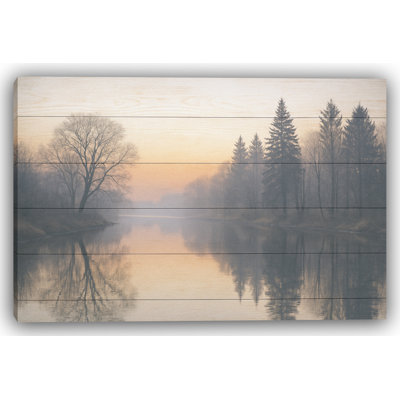Misty Dawn – Tranquil River on Wood Panel Canvas Wall Art