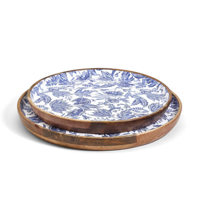 Castellano Hand-Crafted Set Of 2 Wood Round Tray
