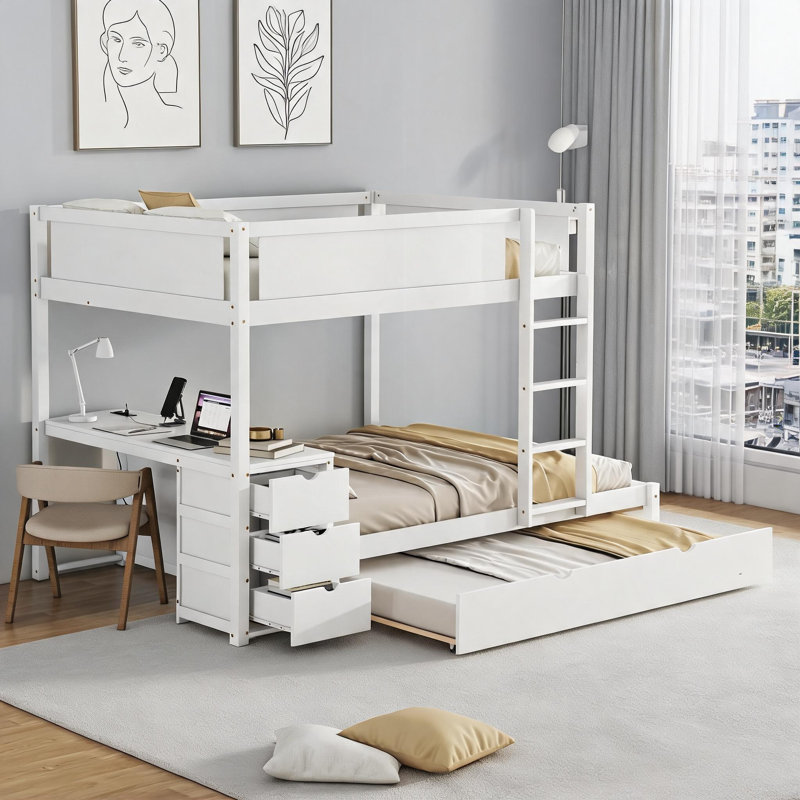 Structure de lit superposé double sur 3 lits en bois massif blanc pur avec lit gigogne simple et bureau attaché