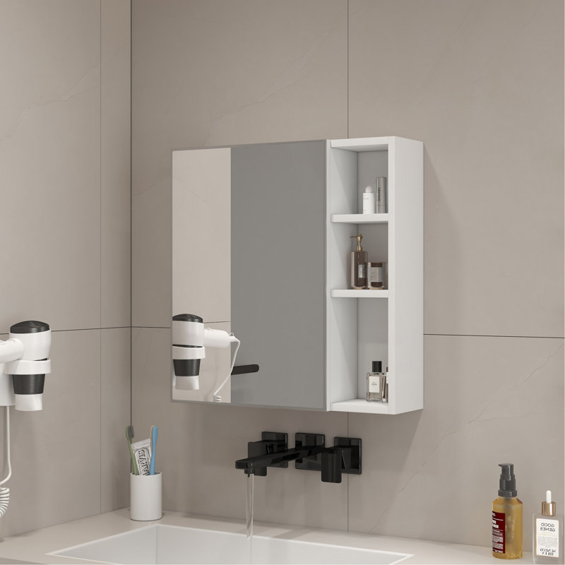 Une armoire à miroir en matériau MDF blanc, un miroir de salle de bain, une armoire à miroir en matériau MDF et un miroir de salle de bain mural séparé pour le rangement et pour économiser de l'espace.