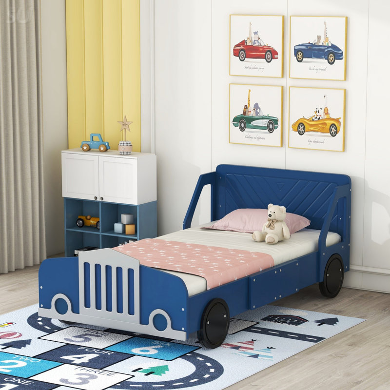 Lit plateforme simple en forme de voiture avec roues, bleu, lit, Bleu, Lit simple