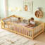 Lit double au sol en bois naturel avec barrière de sécurité-1674542068-1674542056