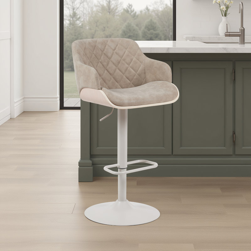 Jaxxon Swivel Adjustable Height Barstool with Metal Base in Wood, and Faux Leather, Gray, Beige