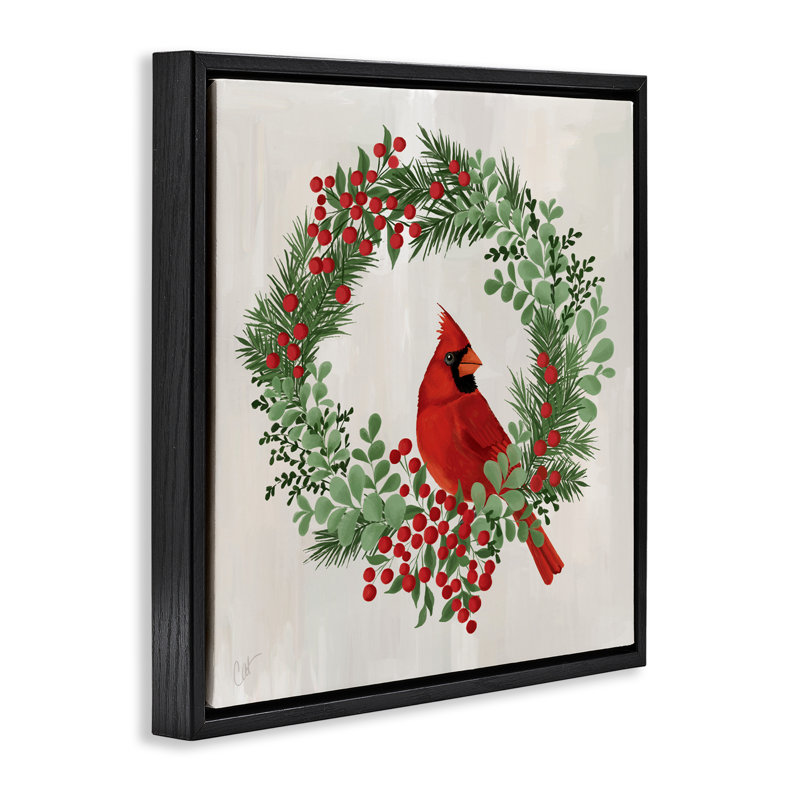 Cadre flottant perché Cardinal Festive Wreath, design par Cat Thurman Designs, H 25 po x l 25 po, Cadre flottant noir de jais