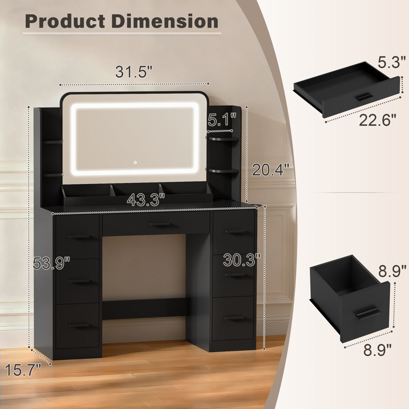 Adjustable LED Mirror Makeup Vanity Desk with 20W Fast Charging, Large Storage for Bedroom, Dressing Room, Black