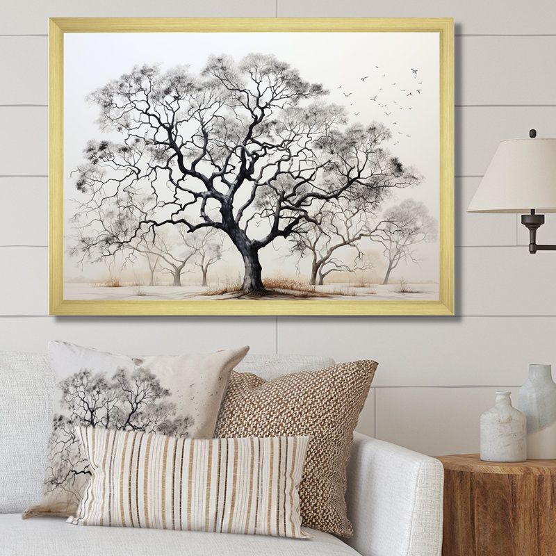 Minimalisme, arbres en chêne noir et blanc III sur toile, Cadre photo doré simple, H 34 po x l 44 po x P 1,5 po