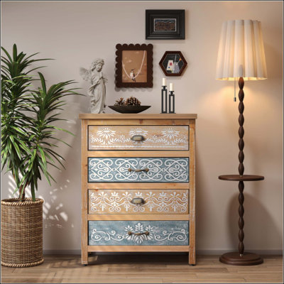 Commode vintage à 4 tiroirs avec motif en bois patiné et orné, commode de rangement rustique pour chambre à coucher / salon