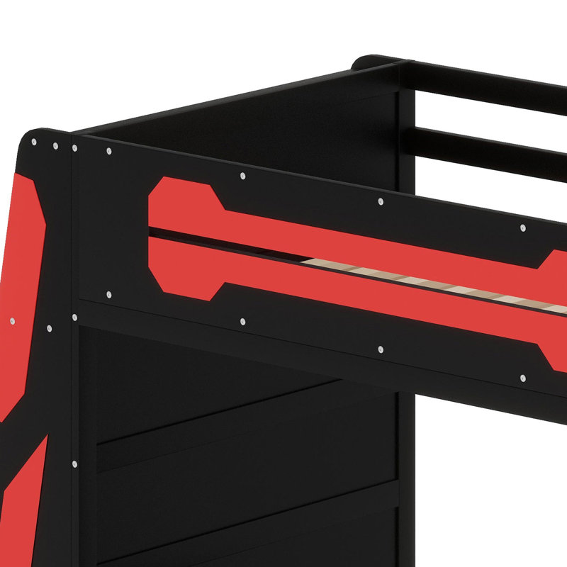 Multifunctional Loft Bed With Study Desk, Ample Storage Shelves & Customizable RGB Illumination, Black/Red