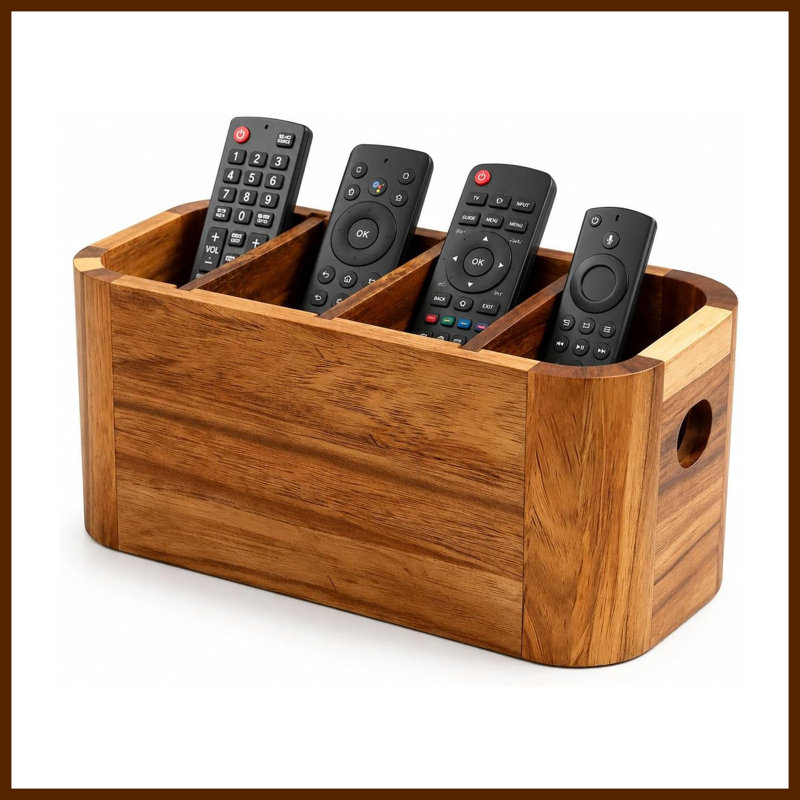 Support à télécommande à 4 compartiments en bois d'acacia, plateau de rangement pour tables de chevet et tables basses