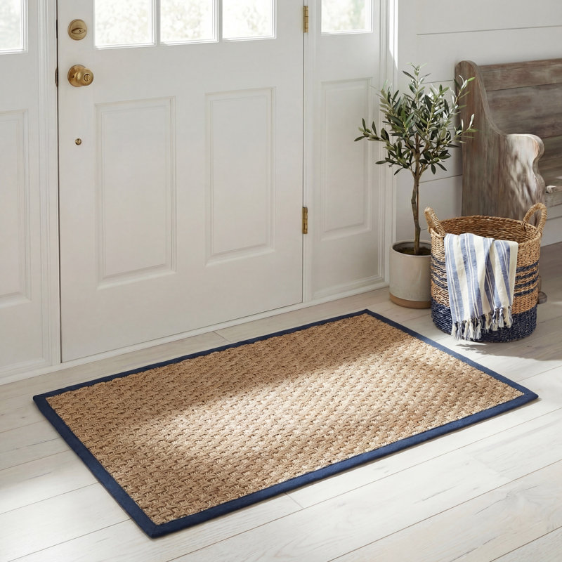 Auckland Bamboo Slat/Seagrass Natural / Blue Area Rug, Rectangle 2'6" x 4'