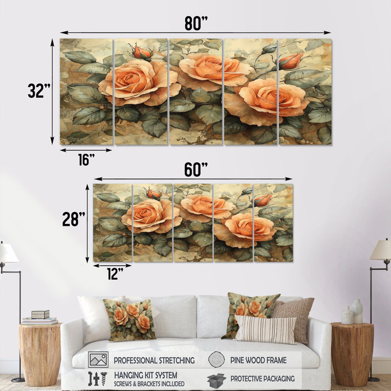 Roses, tons de terre et fleurs II - - Décoration murale roses - Art mural moderne Decor, 5, H 32 po x l 80 po