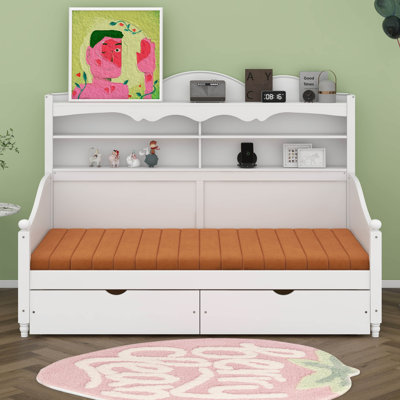 Twin Daybed With Storage Drawers, Wooden Twin Day Bed With Storage Headboard Shelving, Retro Style Daybed