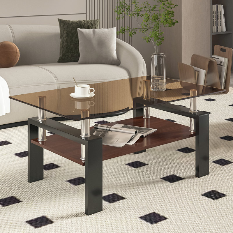Table basse moderne moderne avec plateau en verre trempé et panneau de fibres à densité moyenne, parfaite pour les salons contemporains