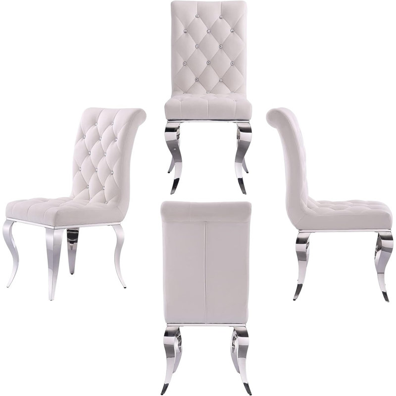 Chaises de salle à manger en velours blanc avec pieds en métal argenté en miroir