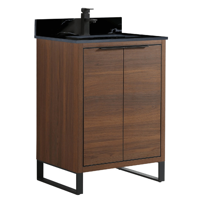 24'' Single Bathroom Vanity with Stone Top, Matte Black, Walnut Ebony