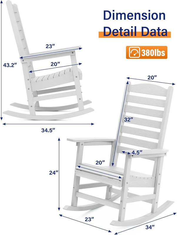 Chaise berçante d'extérieur à bascule d'extérieur toutes saisons avec dossier courbé pour terrasse, jardin, jardin, blanc