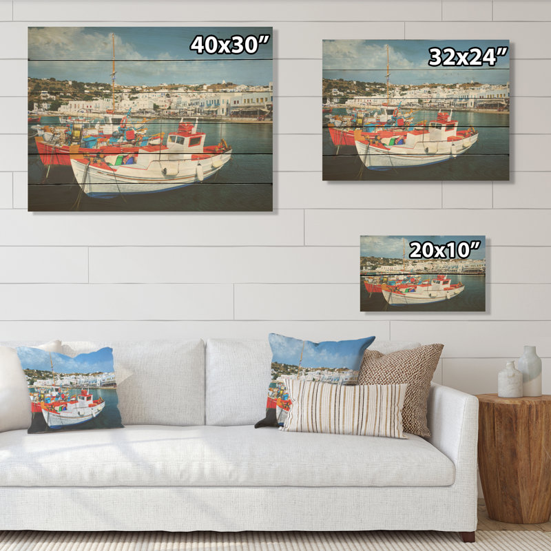 Bateau de finition grec portuaire - chasse et pêche, art mural sur bois de pin naturel, H 24 po x l 32 po