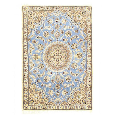 Tapis bleu clair / beige / brun en laine / soie / coton 2 pi 11 po x 4 pi 4 po Ratomir
