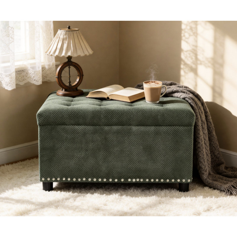 Repose-pieds avec garniture cloutée et rangement interne, idéal pour le salon de la chambre à coucher, garniture décorative à résistance moyenne, chambre de rangement fonctionnelle, assise moelleuse