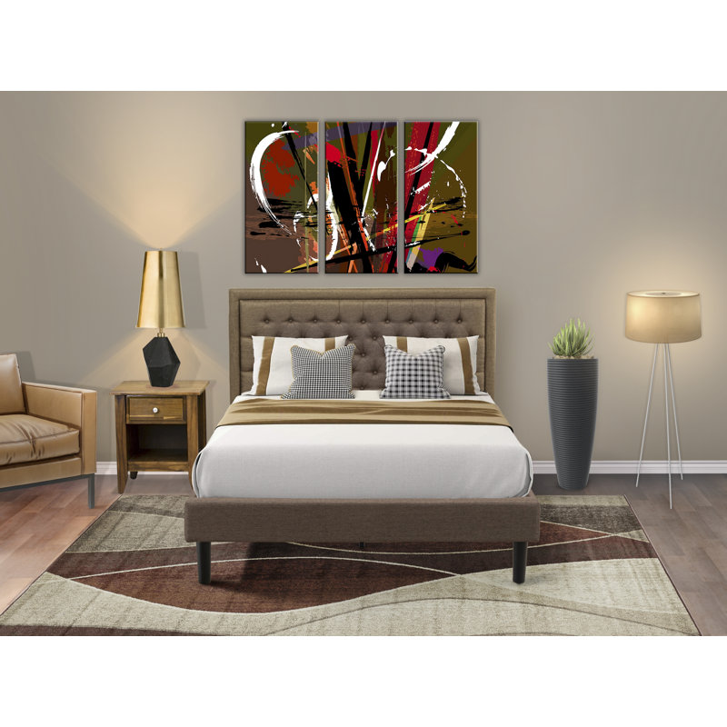 Ensemble de lit 2 pièces pour grand lit - 1 lit plateforme avec tête de lit capitonnée en tissu de lin brun capitonné et 1 table de chevet - Table de chevet au fini noyer antique