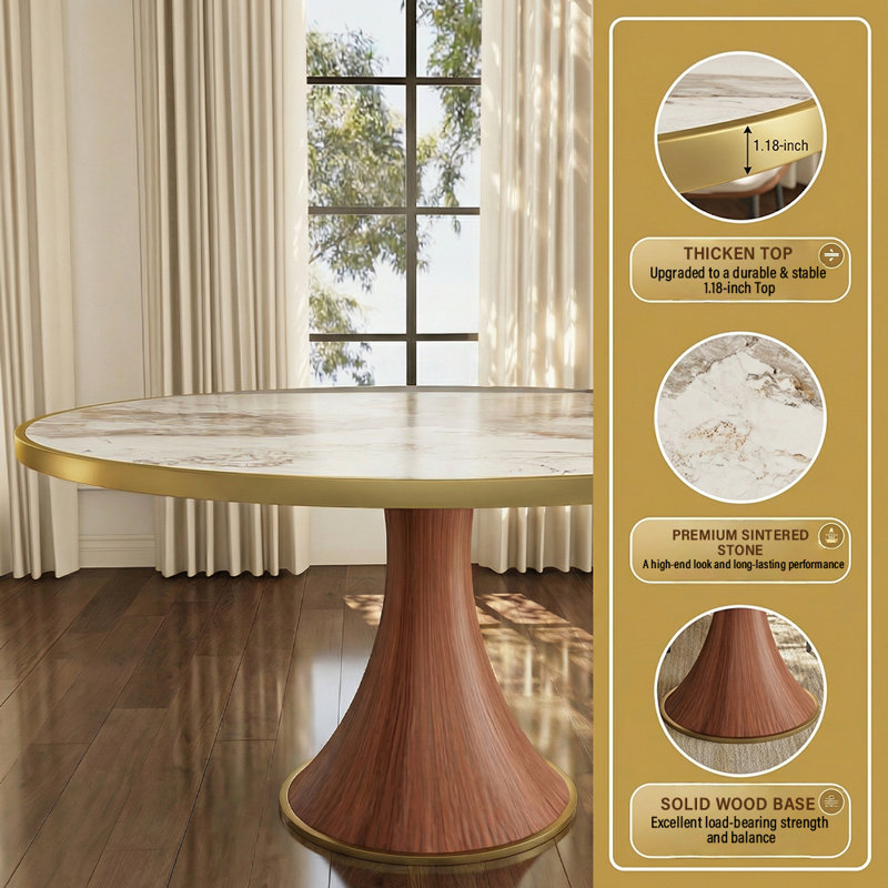 Luxury Thicken Stone Gold Trim Analia Round Solid Wood Base Kitchen Room Table For 2-8 People, 29.52"H x 47.24"L x 47.24"W