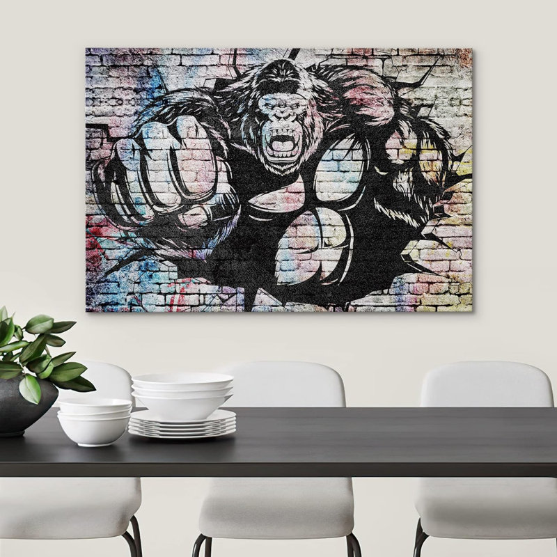 «Black and White Gorilla Punching Graffiti & Street Art Pop Art Modern Urban Multicolor», impression sur toile, Toile tendue