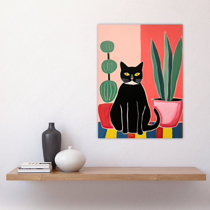 Wall Art Print Cat and Succulents Henri Matisse Style Oil Painting Simple Pet Portrait with Potted Plants Poster