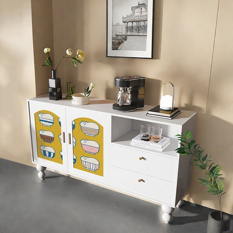 Buffet avec armoire de rangement 59,1 po, Blanc / jaune