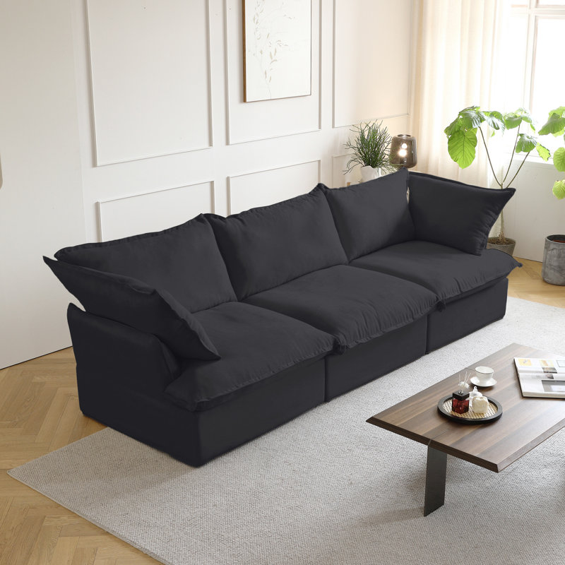 Fairford Nedek 3-Piece Upholstered Modern Corduroy Fabric Sectional Sofa, Black Linen Blend