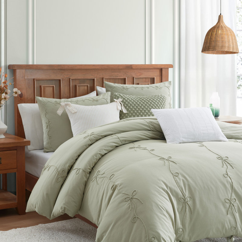 Peri Home Sasha Bows Duvet Set Green, Full/Queen Duvet Cover + 2 Pieces Included