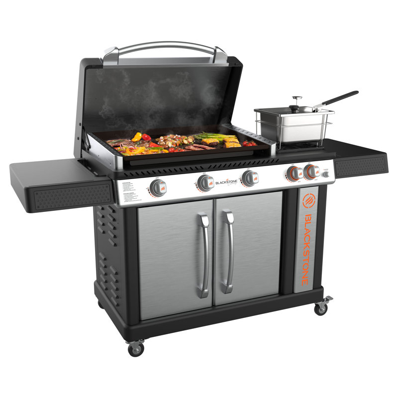 Blackstone Patio Pro 3-Burner Free Standing Liquid Propane 48000 BTU Gas Grill with Side Burner and Cabinet