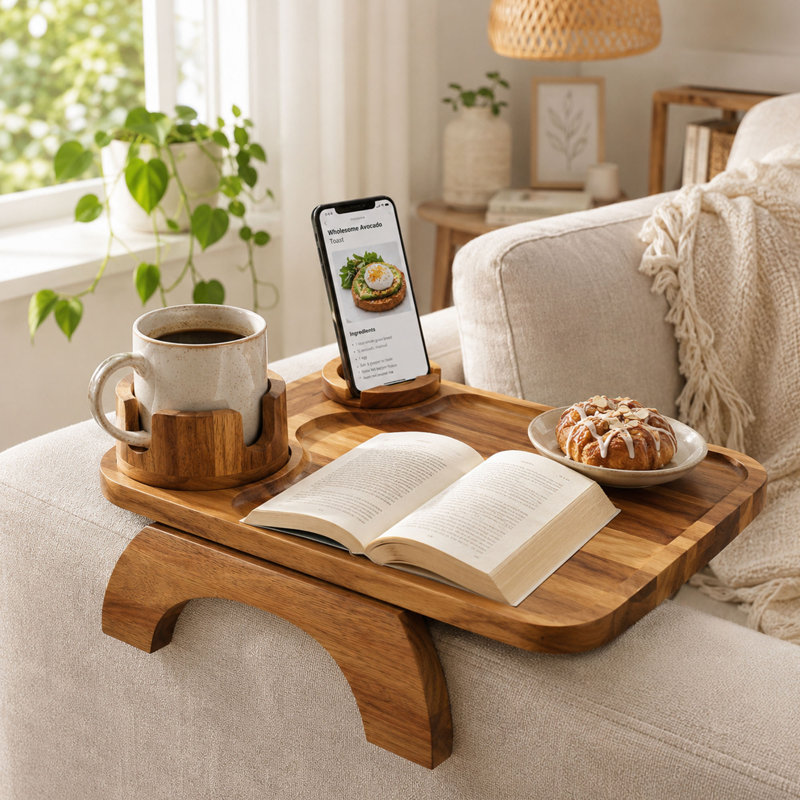 Plateau pour accoudoirs en bois d'acacia, porte-gobelet rotatif et support pour téléphone