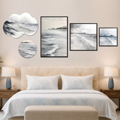 «Ocean Shore Line in Mexico - Gray Coastal», art mural encadré sur toile et métal, ensemble de 5 (100 po x 40 po)